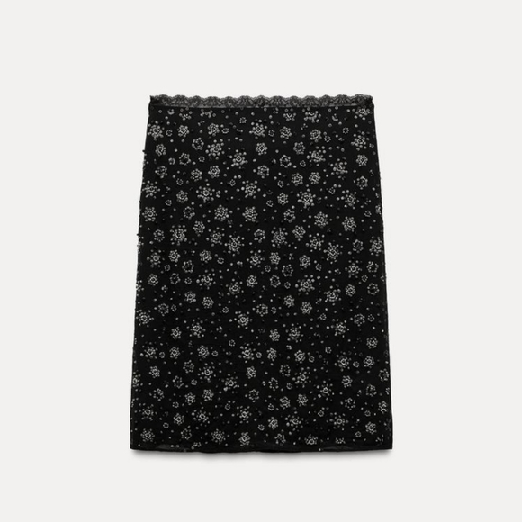 Zara Sequin Skirt EMBROIDERED Black BEADED ZW COLLECTION Size Small